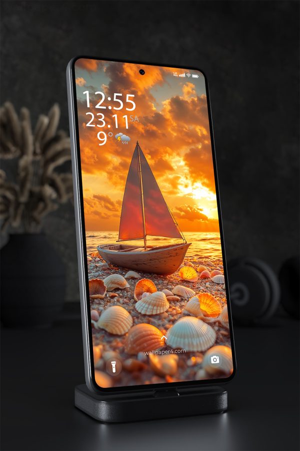 Mobile Wallpaper 1824 - Sunset Sailboat on Ocean with Seashell Shore