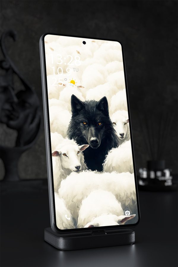 Phone Wallpaper 1973 - Black Wolf Hiding Among White Sheep
