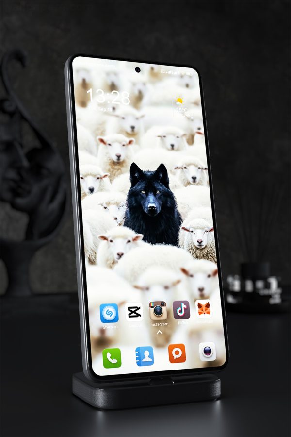 Mobile Wallpaper 1973 - Black Wolf Hiding Among White Sheep