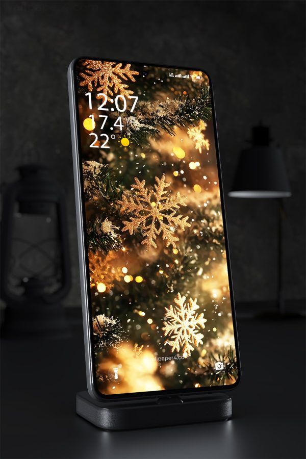 Mobile Wallpaper 2035 - Golden Snowflakes on Christmas Tree - Festive Glow