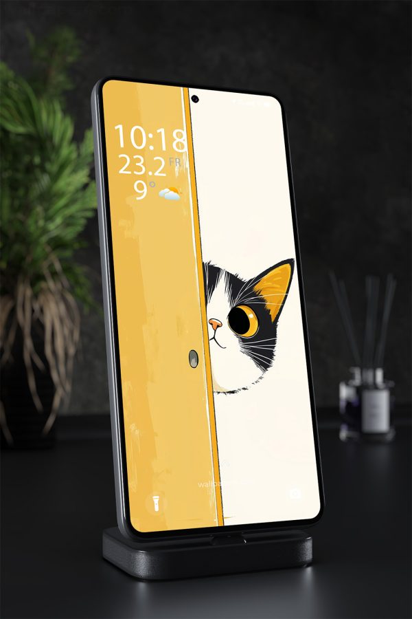 Phone Wallpaper 2041 - Curious Cat Peeking Behind Door Illustration