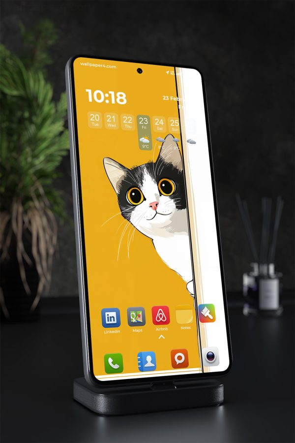 Phone Wallpaper 2041 - Curious Cat Peeking Behind Door Illustration