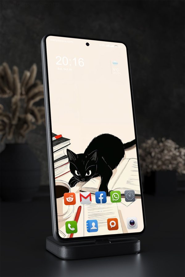 Phone Wallpaper 2054 - Cute Black Cat on Study Desk Illustration