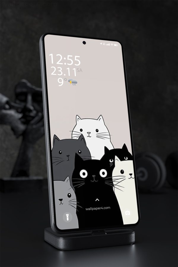 Phone Wallpaper 2084 - Cute Black Cartoon Cats with Big Eyes