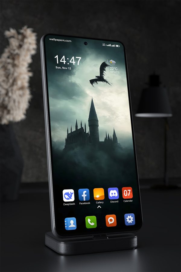 Phone Wallpaper 2116 - Dark Castle with Flying Dragons at Dusk