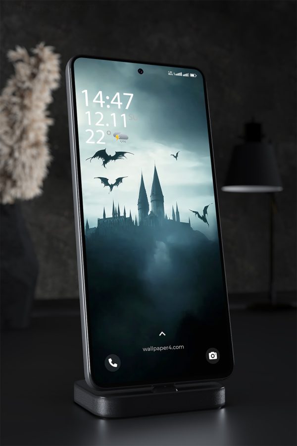 Mobile Wallpaper 2116 - Dark Castle with Flying Dragons at Dusk