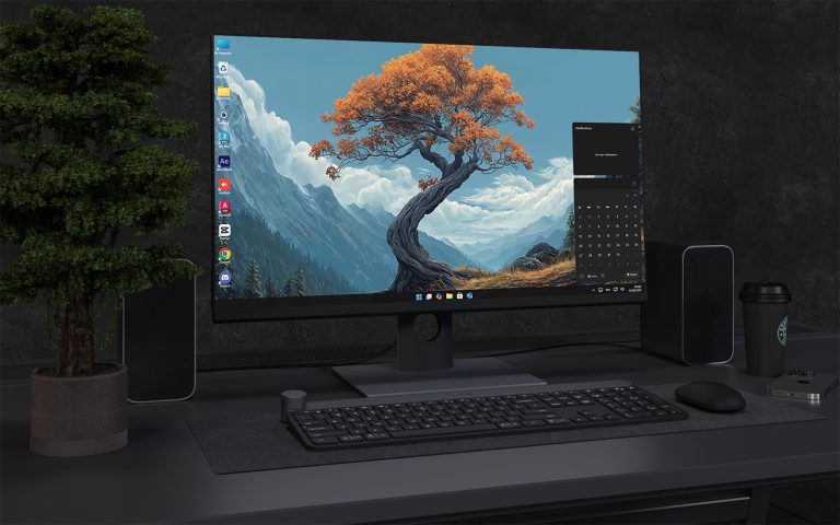 Desktop Wallpaper 2438 - Twisted Autumn Tree in Mountain Landscape