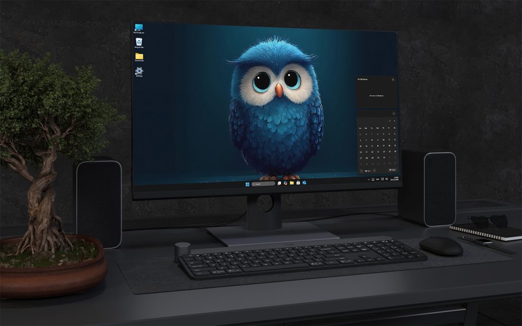 Desktop Wallpaper 2546 - Cute Blue Owl Minimal Dark Desktop Wallpaper