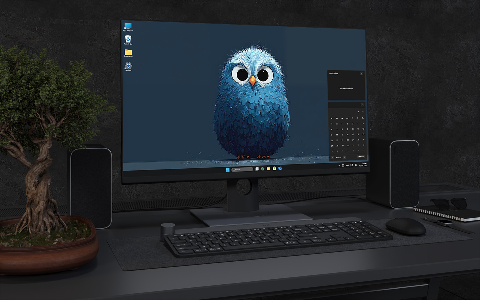 Laptop Wallpaper 2542 - Cute Blue Owl Minimal Dark Desktop Wallpaper