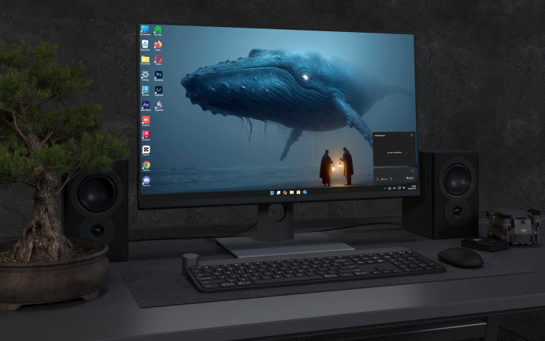 Desktop Wallpaper 2569 - Surreal Giant Whale Encounter in Misty Blue Night