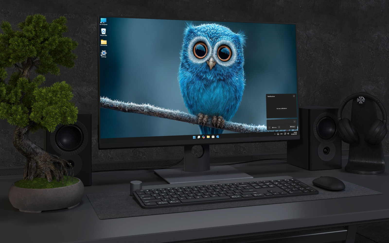 Desktop Wallpaper 2619 - Cute Blue Owl on Frosty Branch Wallpaper