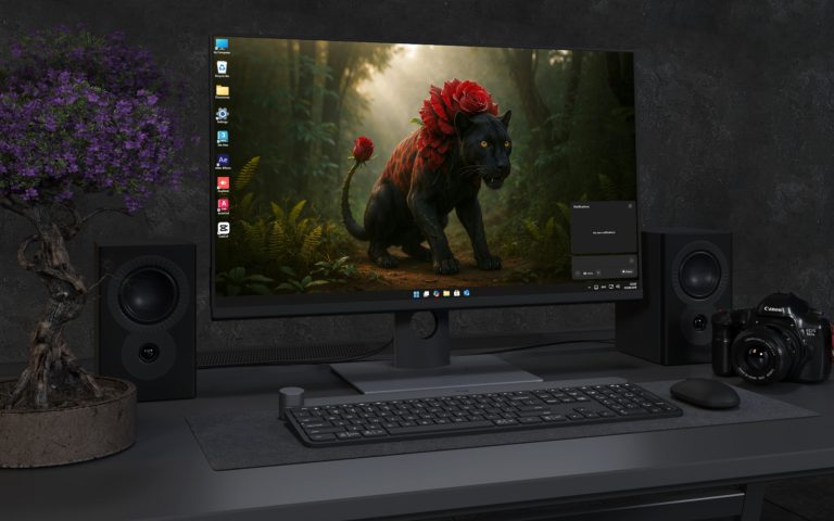 Desktop Wallpaper 2738 - Black Panther with Red Roses in Mystic Forest