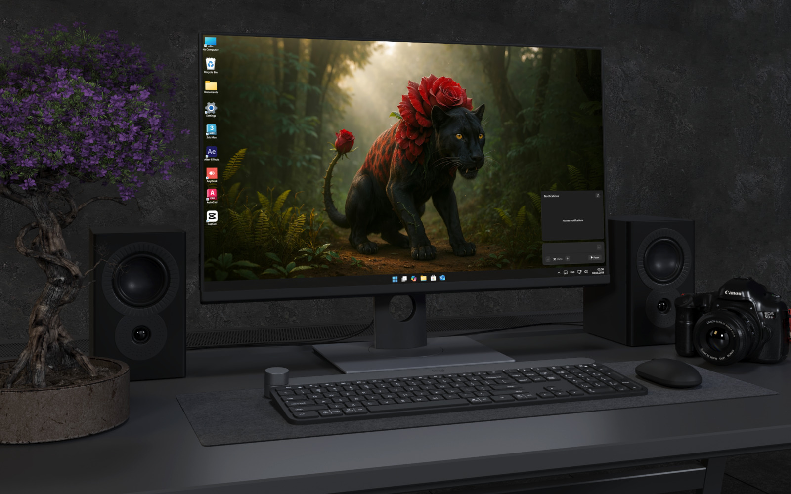 Desktop Wallpaper 2738 - Black Panther with Red Roses in Mystic Forest