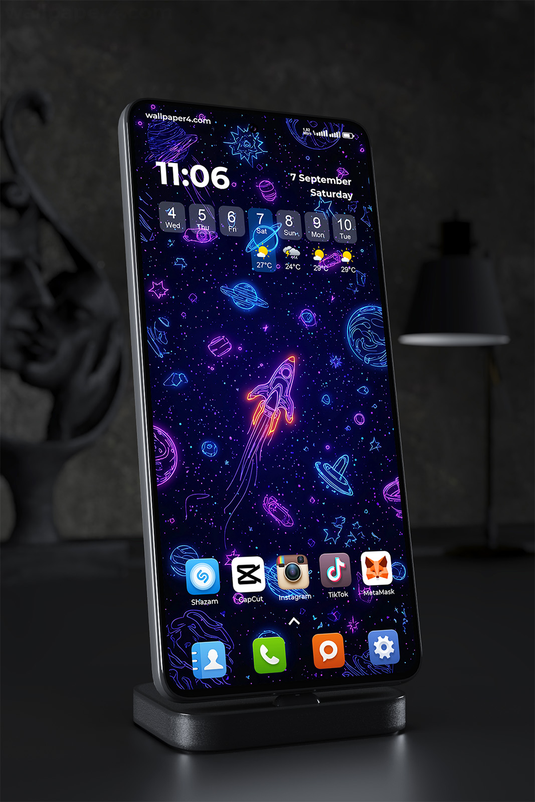 Phone Wallpaper 2416 - Neon Space Rocket Among Planets and Stars