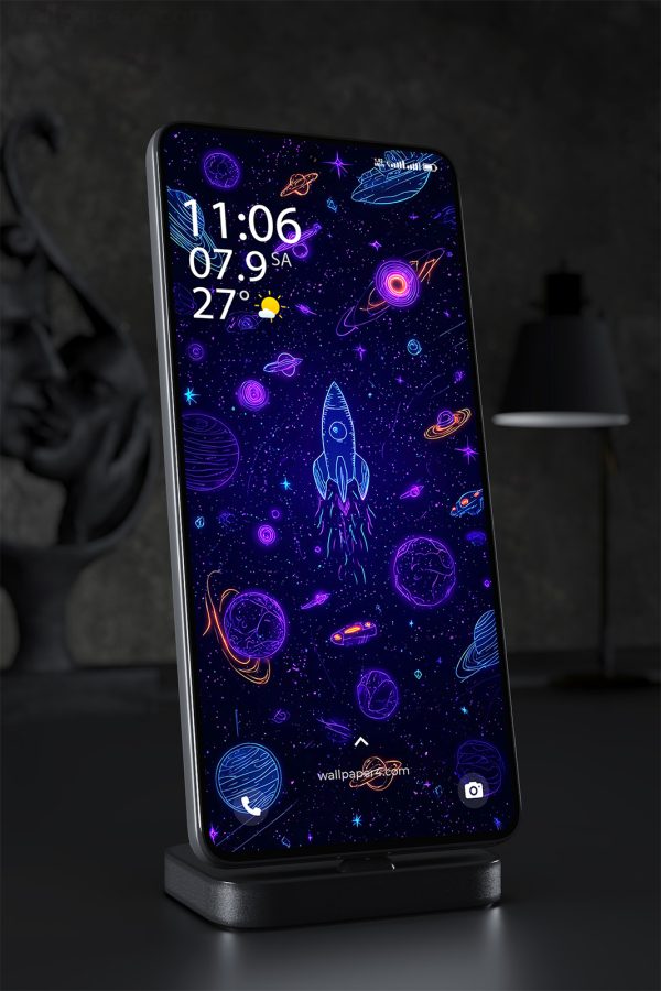 Mobile Wallpaper 2416 - Neon Space Rocket Among Planets and Stars