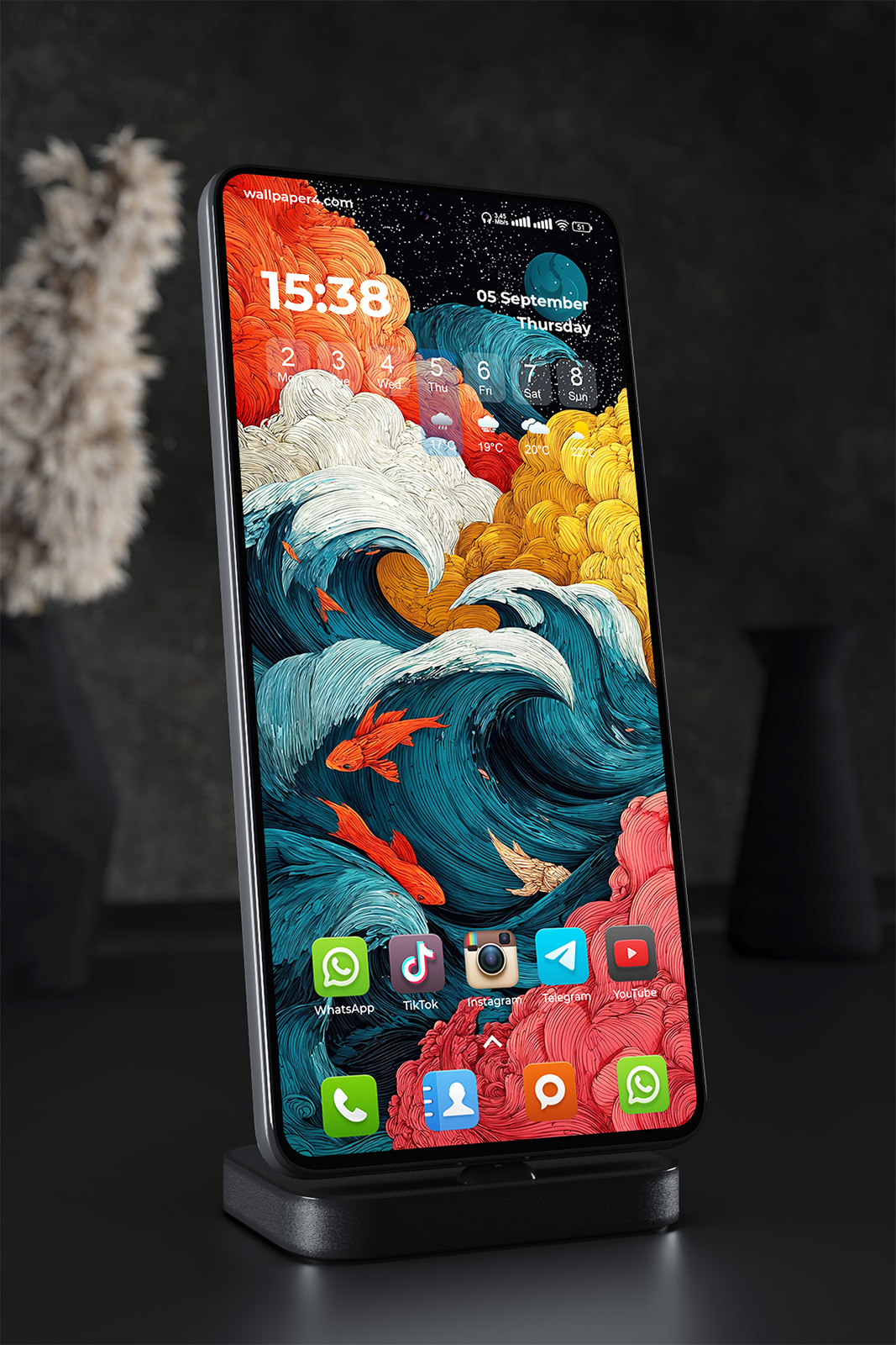 Phone Wallpaper 2421 - Surreal Ocean Waves with Cosmic Sky and Fish