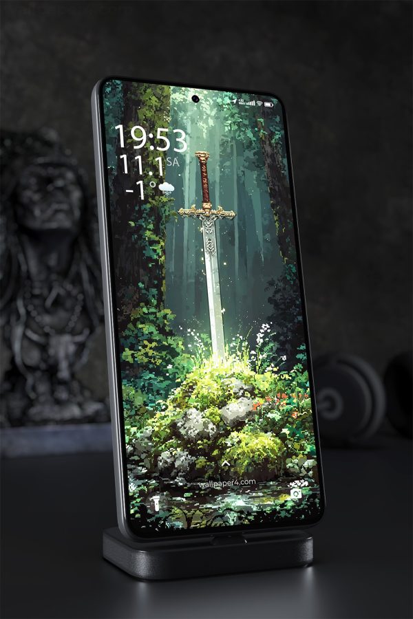 Phone Wallpaper 2441 - Legendary Sword in Forest Pixel Art Scene