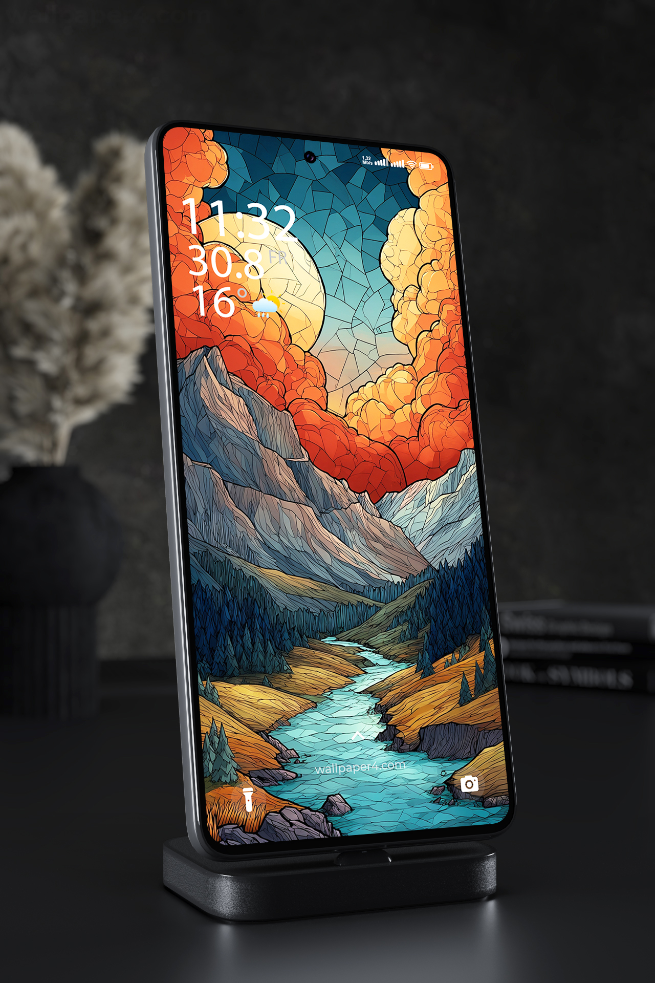 Phone Wallpaper 2458 - Surreal Mountain Valley with Moon and Red Clouds