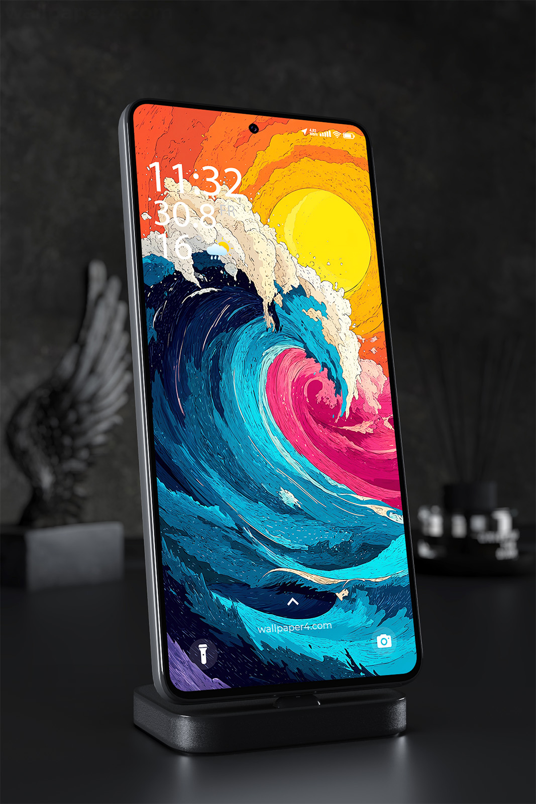 Phone Wallpaper 2466 - Vibrant Ocean Wave Under Fiery Sunset Sky