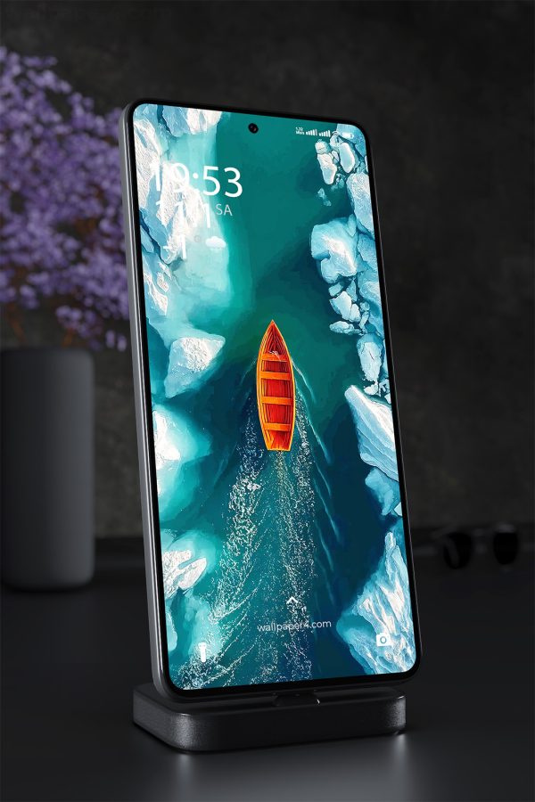 Phone Wallpaper 2474 - Orange Boat Sailing Through Arctic Ice Waters