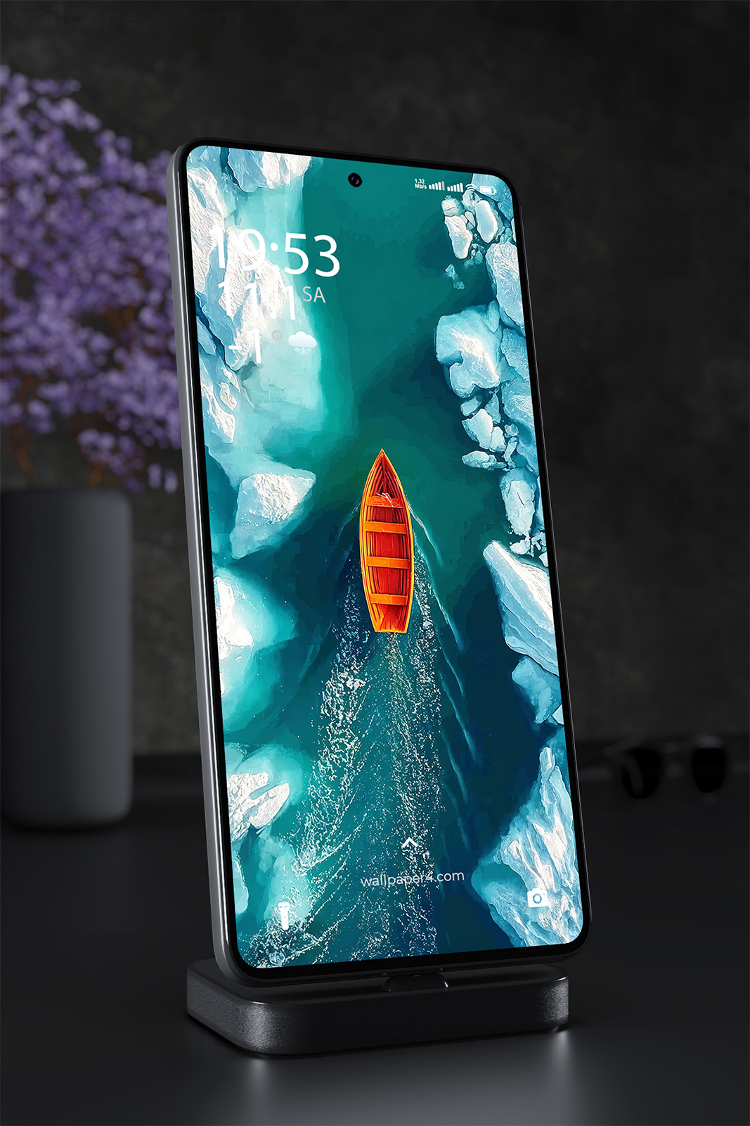 Phone Wallpaper 2474 - Orange Boat Sailing Through Arctic Ice Waters