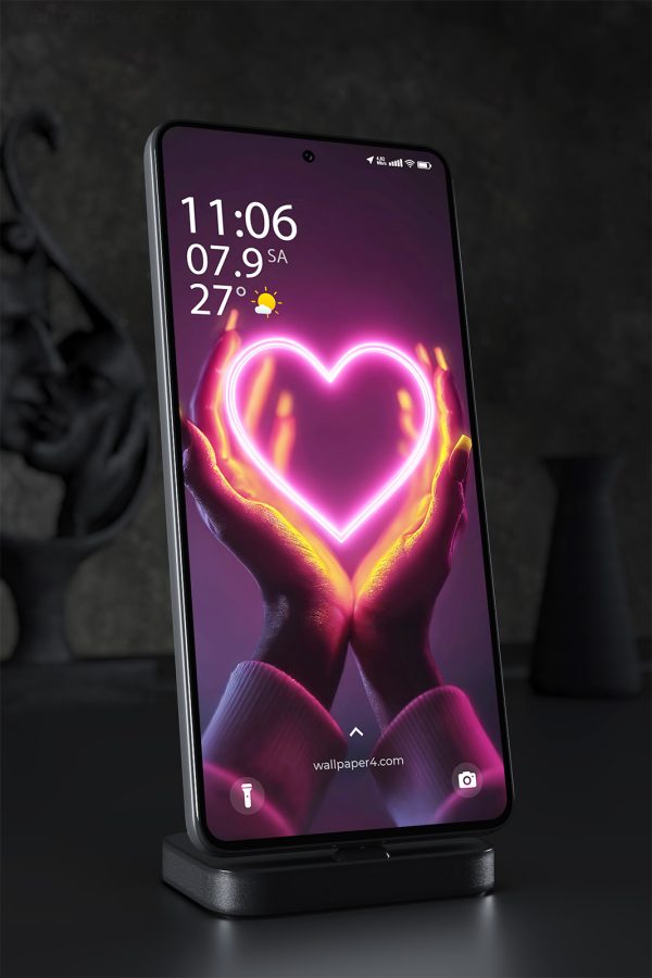 Phone Wallpaper 2477 - Neon Heart Glow in Hands Aesthetic Background