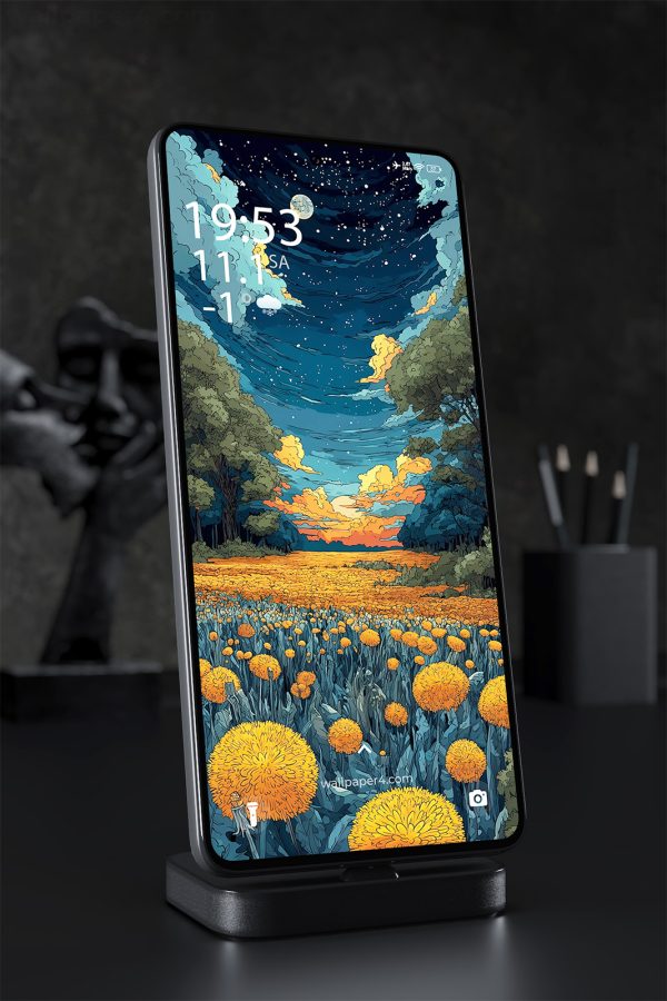 Phone Wallpaper 2490 - Starry Night Meadow with Orange Flowers