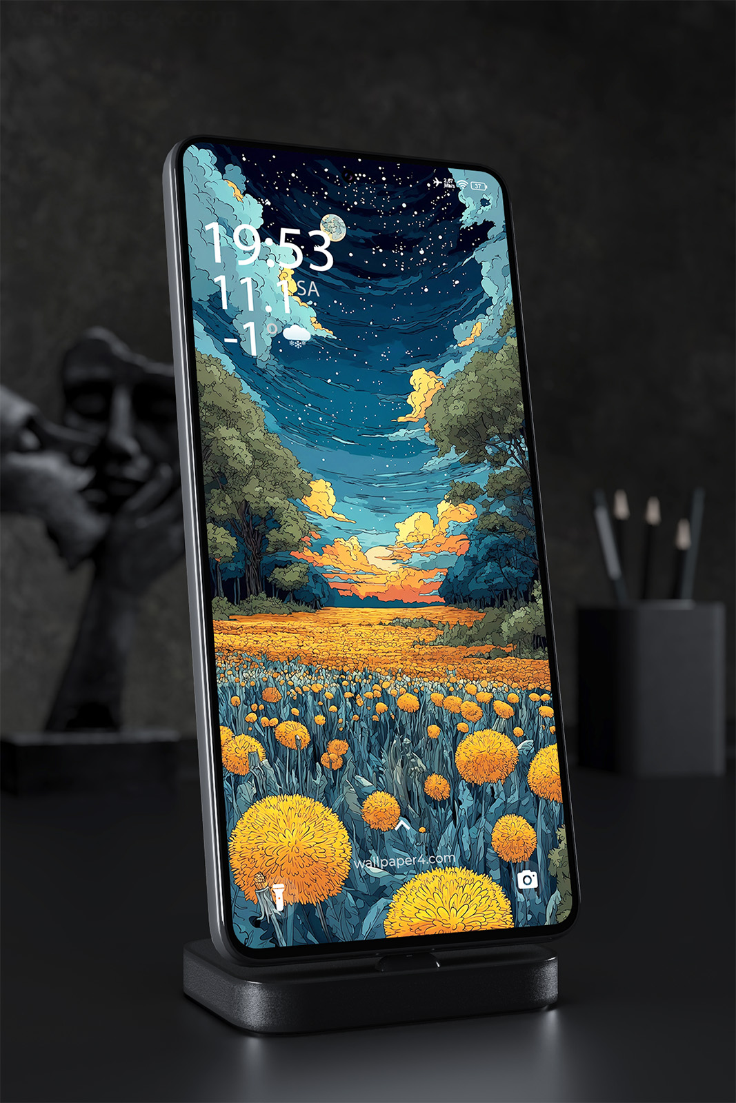 Phone Wallpaper 2490 - Starry Night Meadow with Orange Flowers