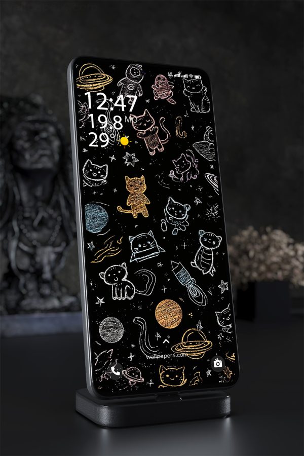 Phone Wallpaper 2526 - Cute Space Cats Chalk Style Galaxy Art