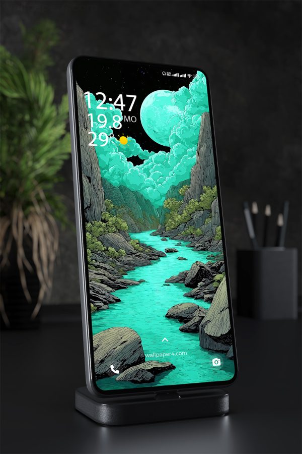 Phone Wallpaper 2529 - Mystic Moon Over Emerald Canyon River