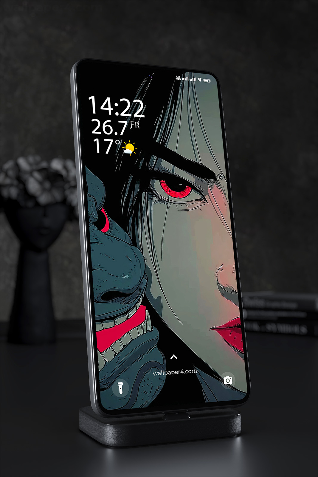 Phone Wallpaper 2534 - Dark Oni Mask Anime Close-Up Red Eyes Art