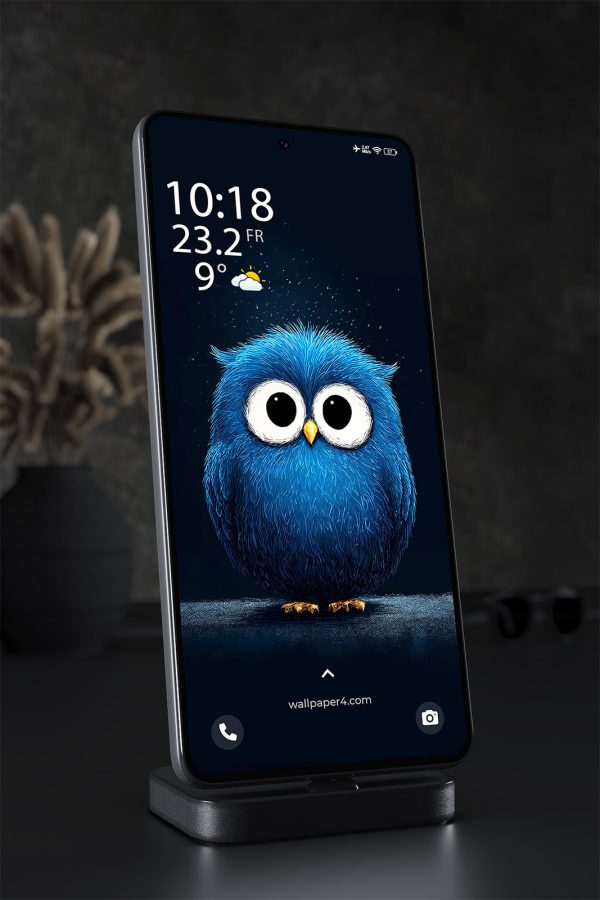 Phone Wallpaper 2542 - Cute Blue Owl Minimalist Night Illustration