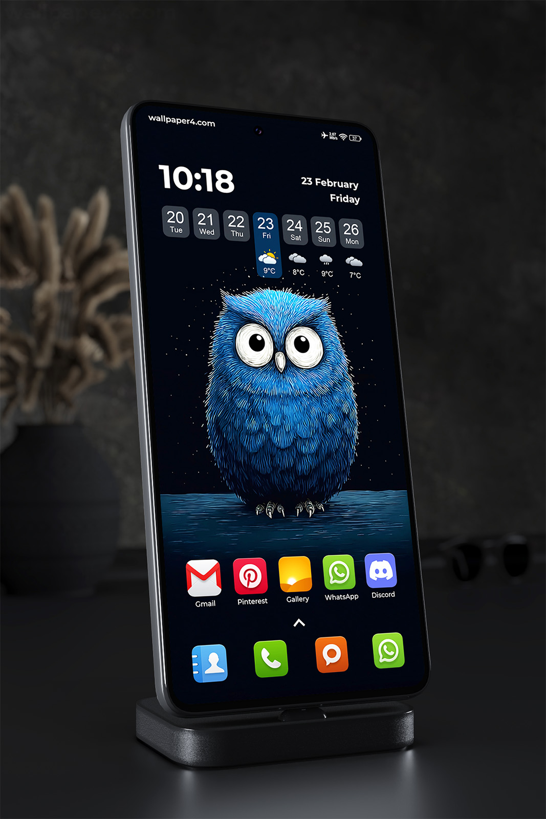 Mobile Wallpaper 2542 - Cute Blue Owl Minimalist Night Illustration