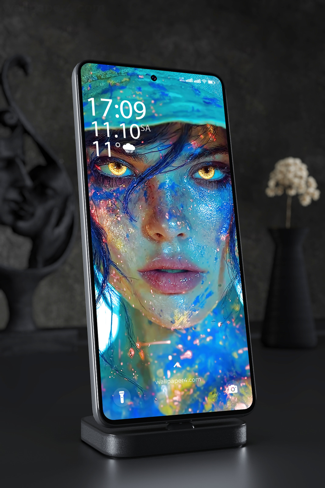 Phone Wallpaper 2553 - Neon Mystic Woman with Glowing Golden Eyes