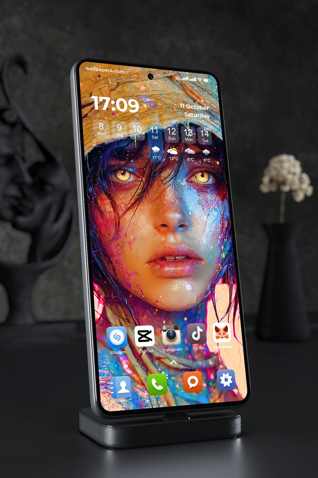 Mobile Wallpaper 2553 - Neon Mystic Woman with Glowing Golden Eyes