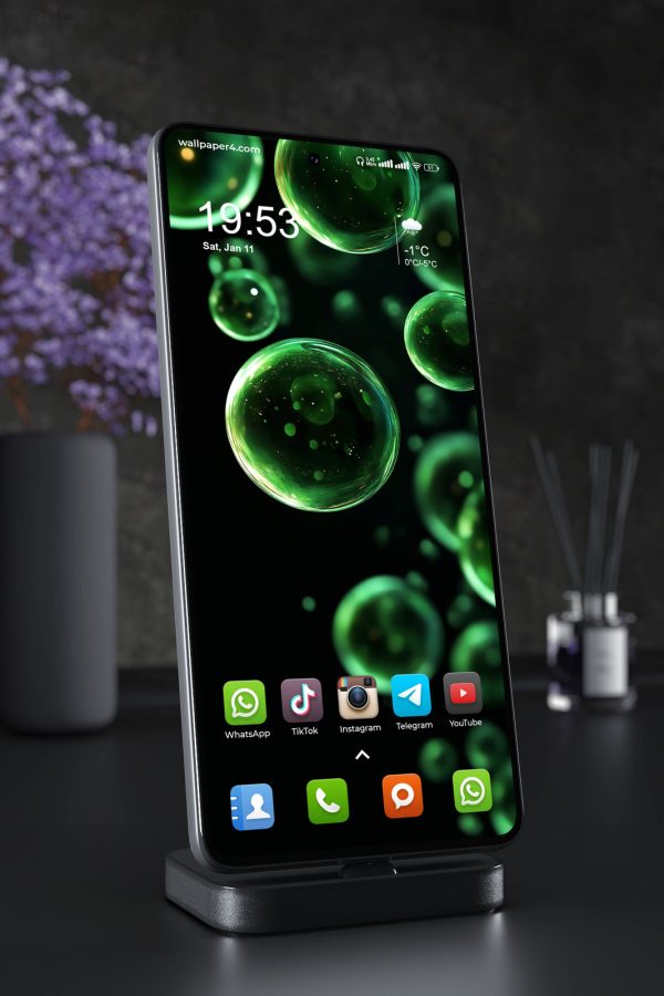 Phone Wallpaper 2591 - Glowing Green Abstract Bubbles in Dark Space