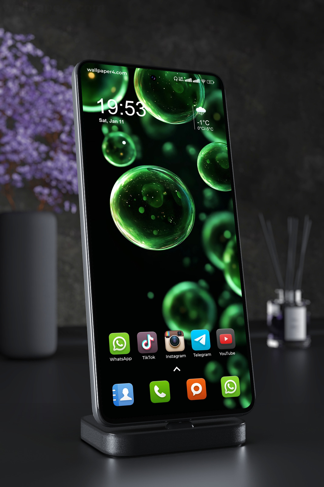Phone Wallpaper 2591 - Glowing Green Abstract Bubbles in Dark Space