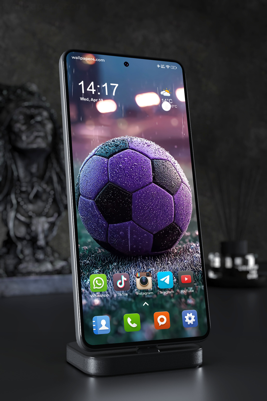 Phone Wallpaper 2611 - Purple Soccer Ball in Rainy Night Atmosphere
