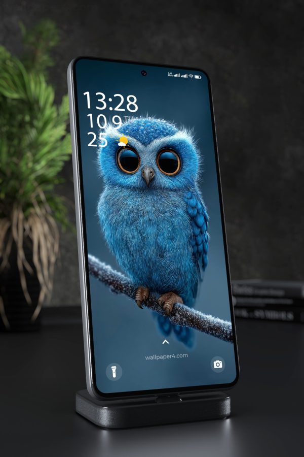 Phone Wallpaper 2615 - Cute Blue Owl with Big Eyes Night Art