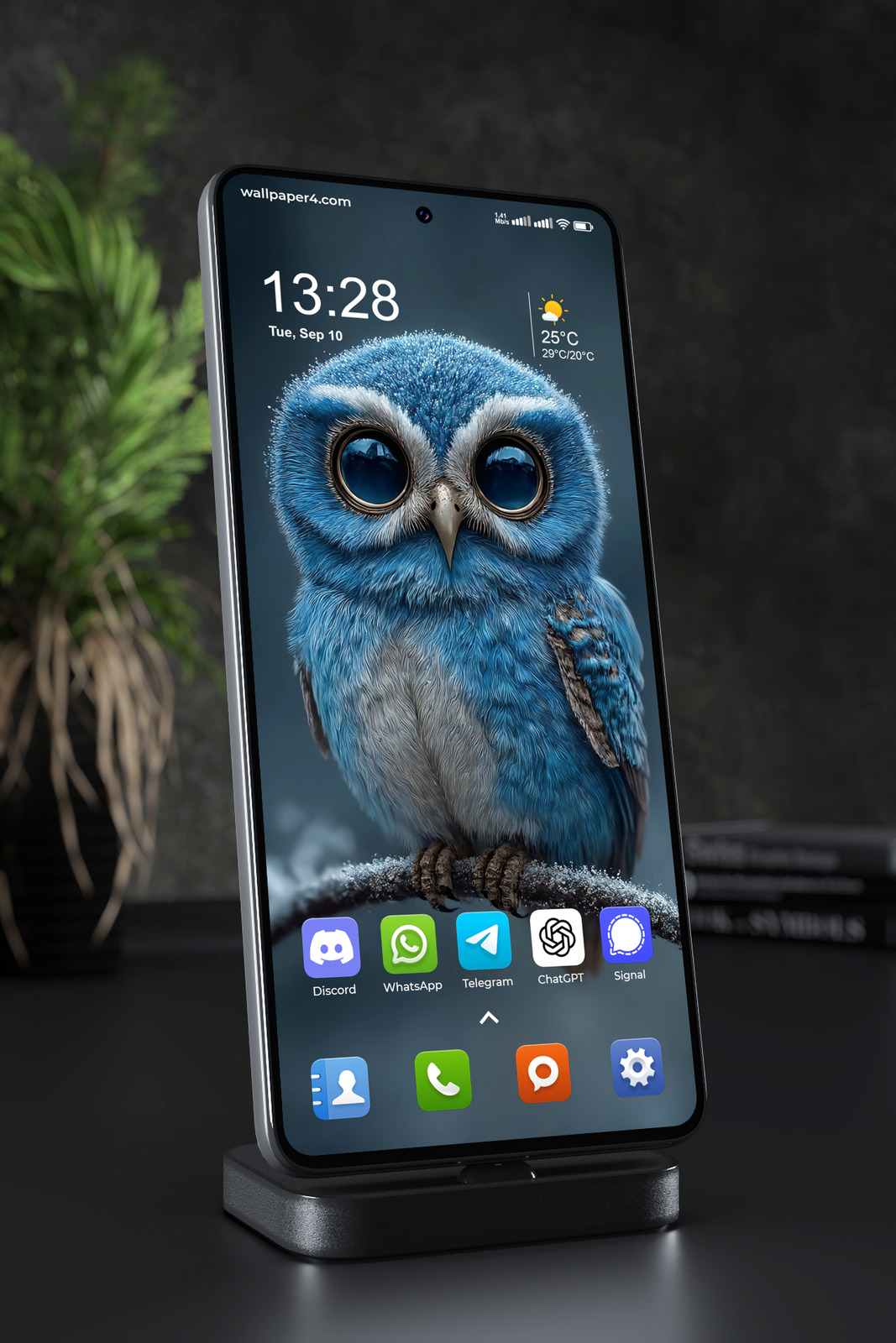 Mobile Wallpaper 2615 - Cute Blue Owl with Big Eyes Night Art