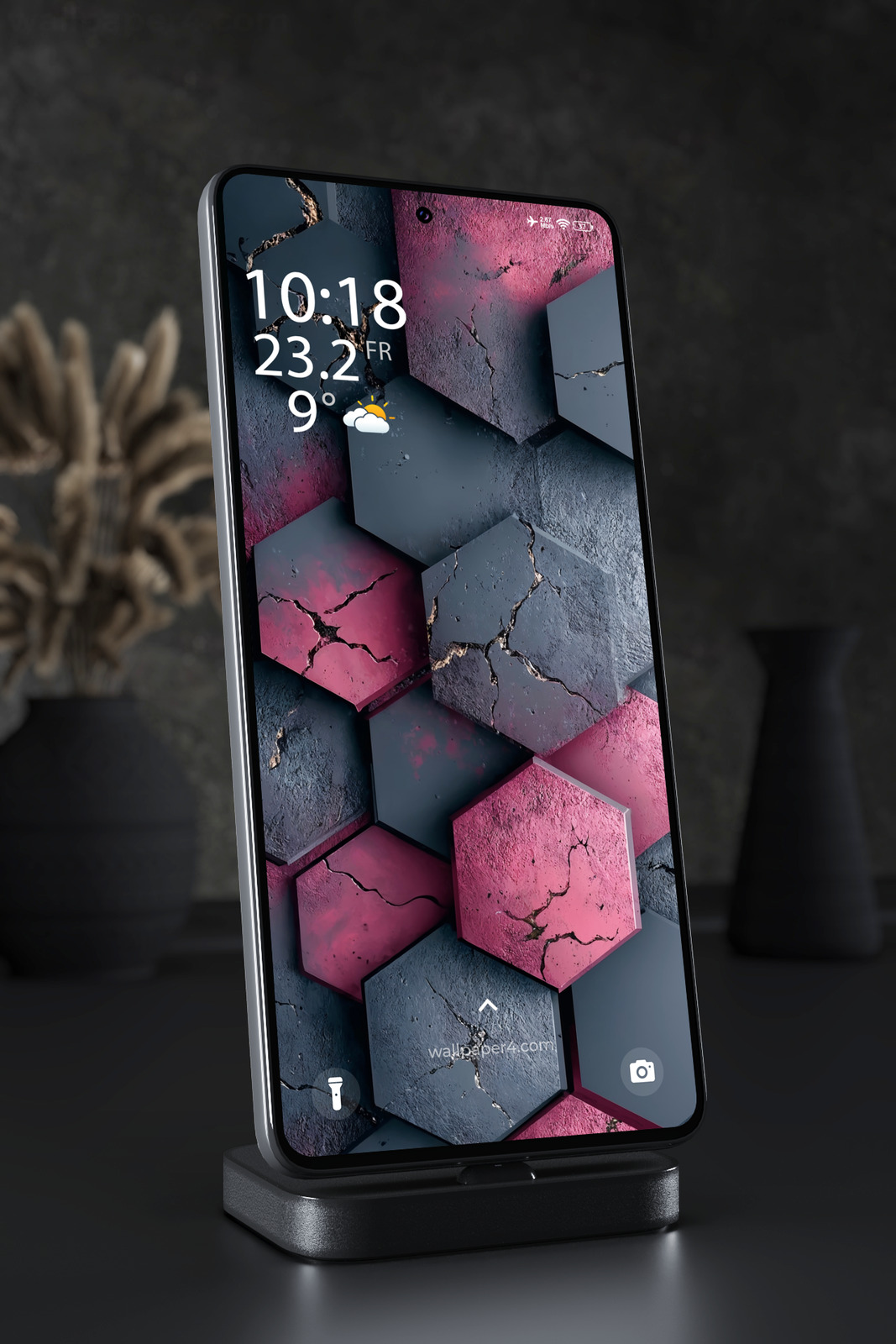 Phone Wallpaper 2631 - Dark Hexagon Abstract with Red Glow Cracks