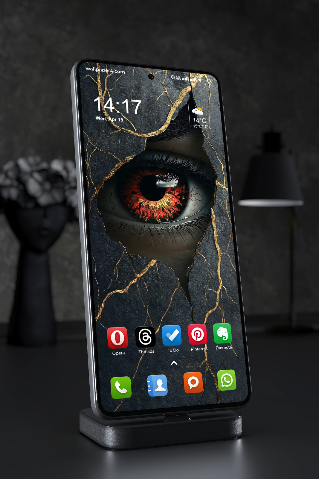 Phone Wallpaper 2664 - Fiery Eye Through Cracked Black Gold Surface