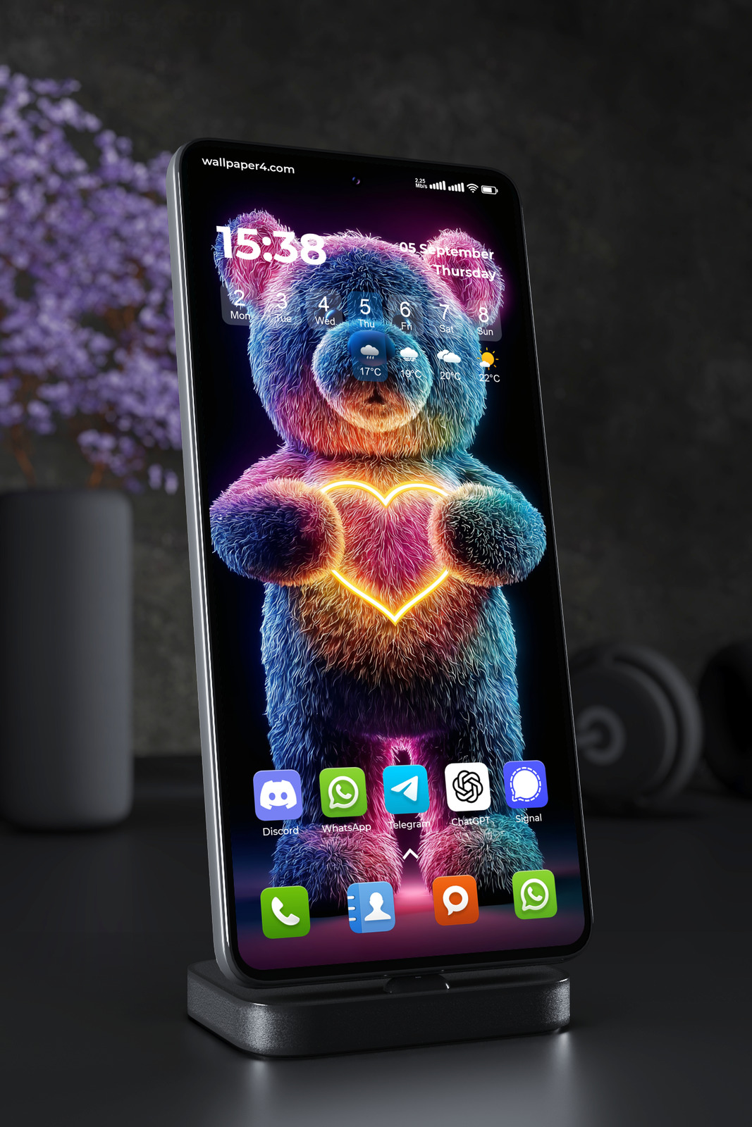 Phone Wallpaper 2676 - Neon Teddy Bear with Glowing Heart Aesthetic Art