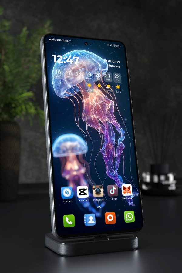 Phone Wallpaper 2682 - Glowing Jellyfish in Deep Ocean Blue Light