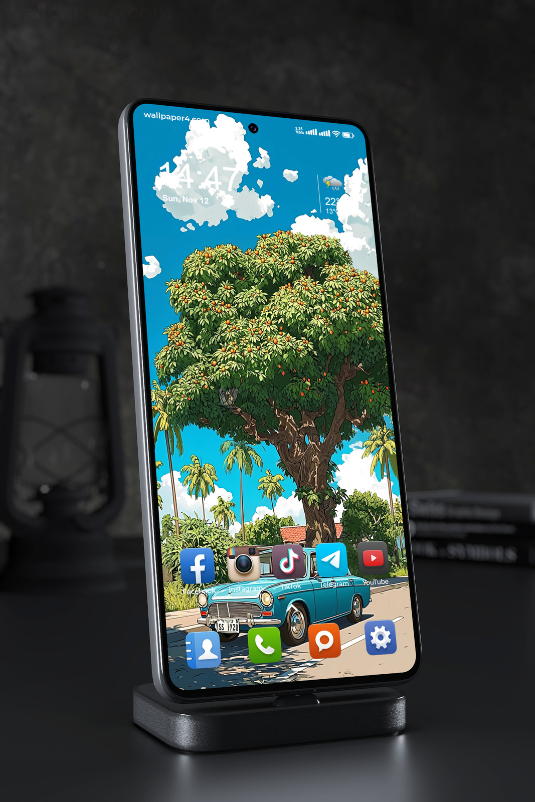 Phone Wallpaper 2685 - Vintage Car Under Tropical Tree Illustration