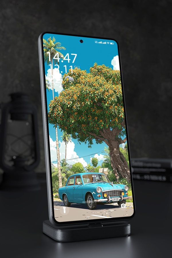 Mobile Wallpaper 2685 - Vintage Car Under Tropical Tree Illustration