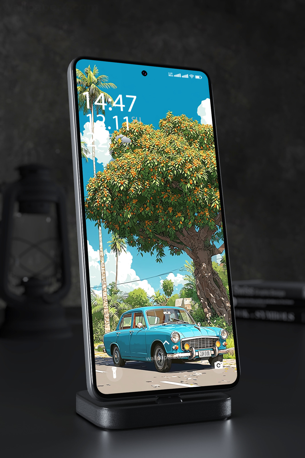 Mobile Wallpaper 2685 - Vintage Car Under Tropical Tree Illustration