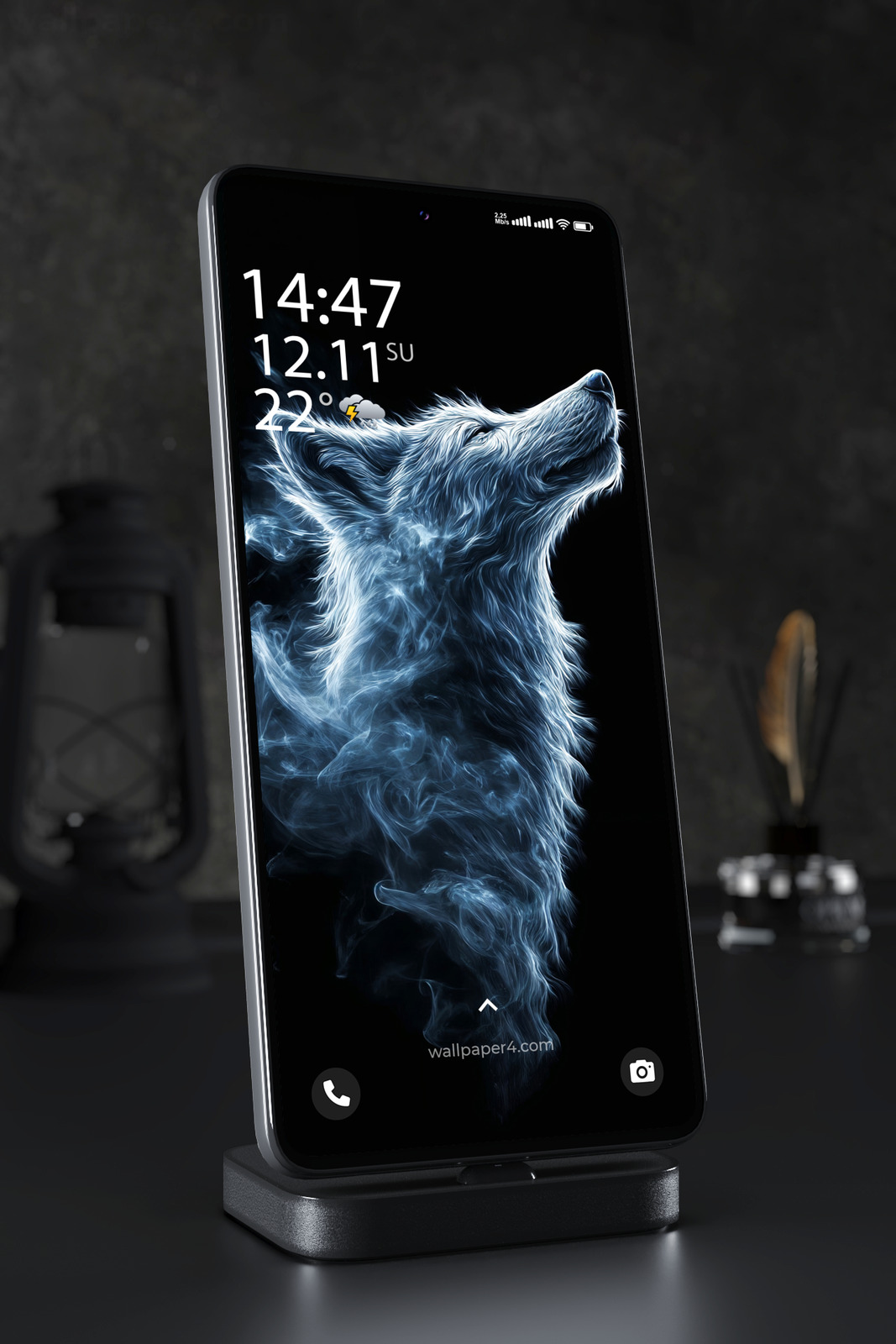 Phone Wallpaper 2723 - Glowing Blue Spirit Wolf Howling in the Dark