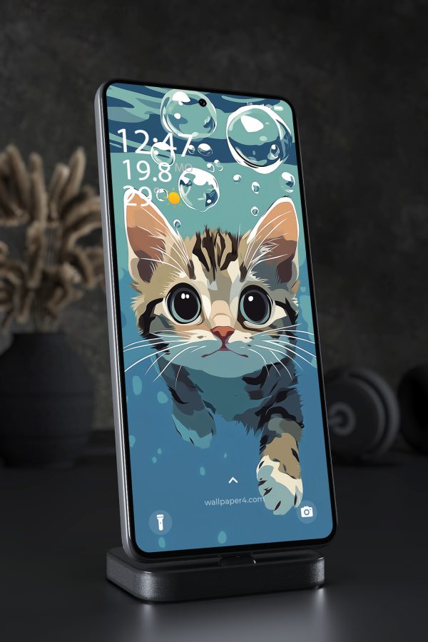 Phone Wallpaper 2748 - Cute Kitten Underwater Bubbles Illustration