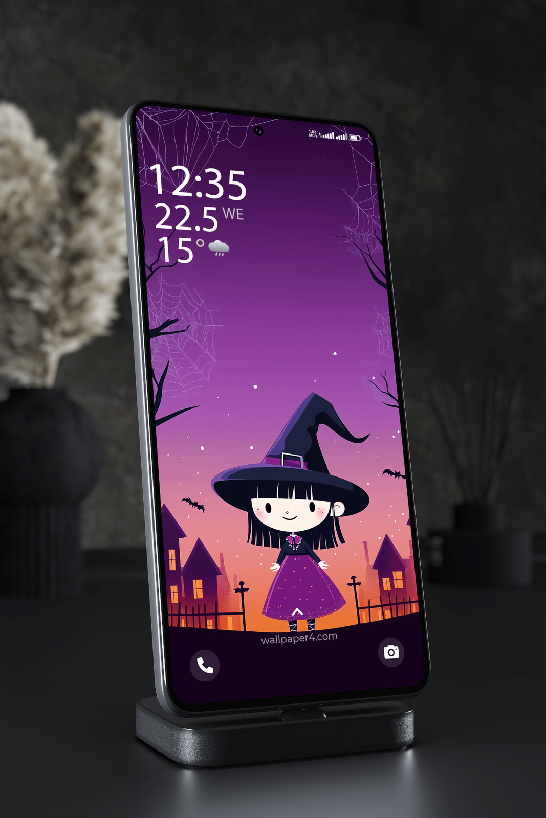 Phone Wallpaper 2751 - Cute Halloween Witch in Purple Night Scene